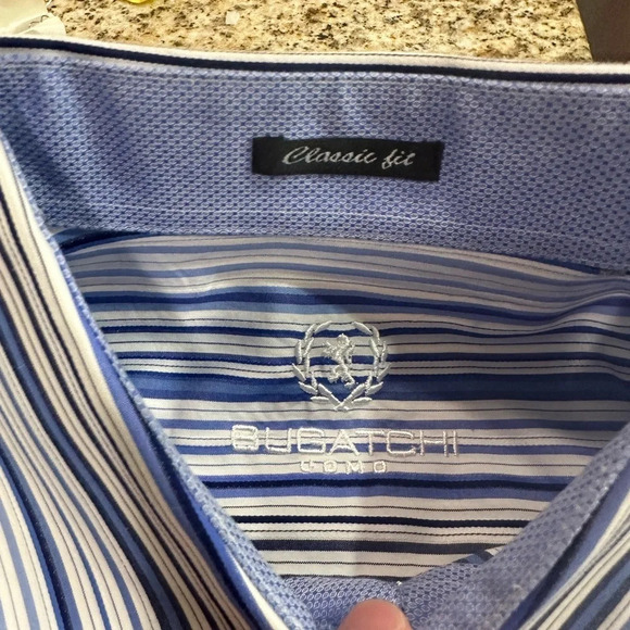 Bugatchi Men’s XL LS Dress Classic Fit Shirt - 100% cotton Blue/White Stripped - Picture 6 of 10